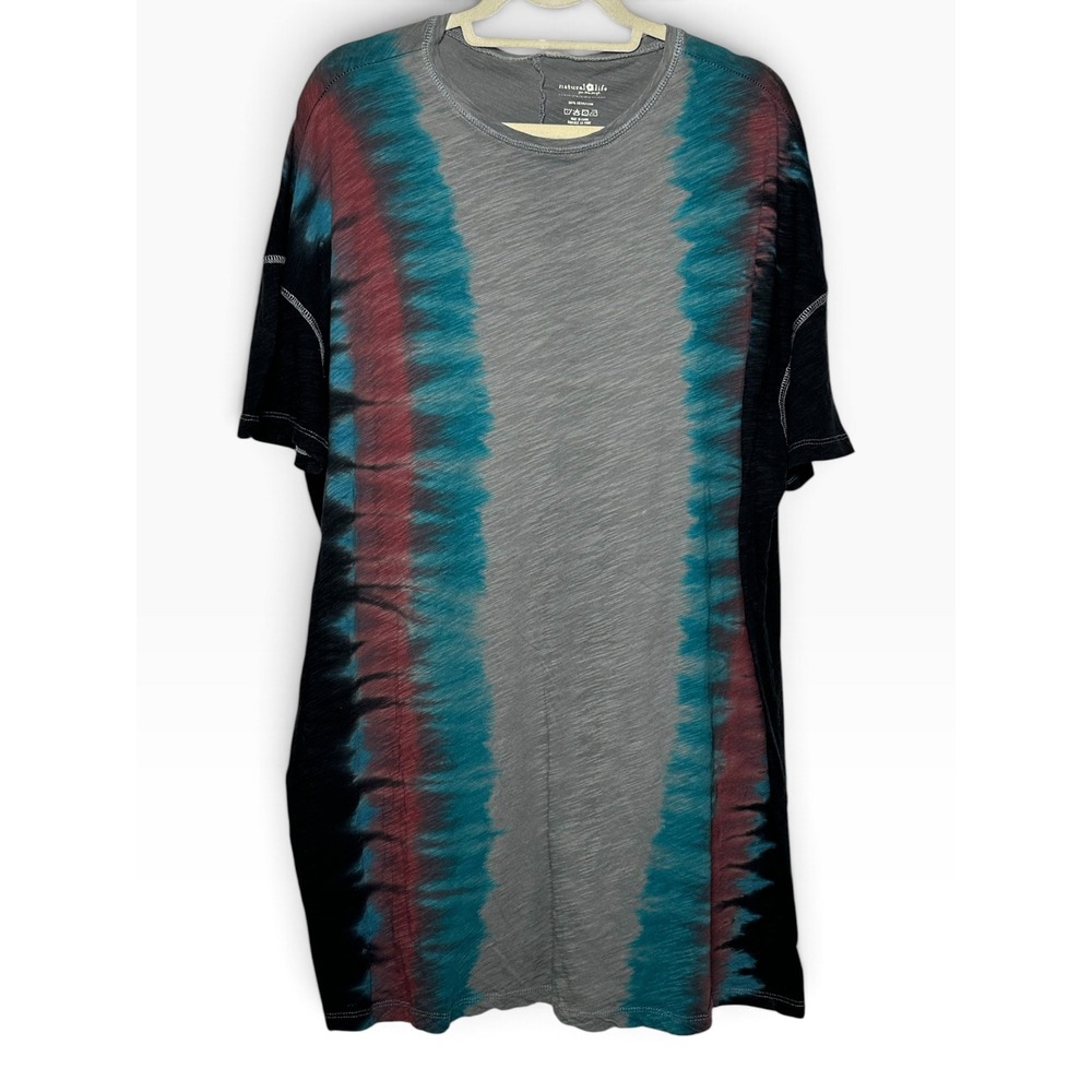 Natural Life Women's Tie Dye T-Shirt Dress Grey Teal Burgundy Cotton Size Large